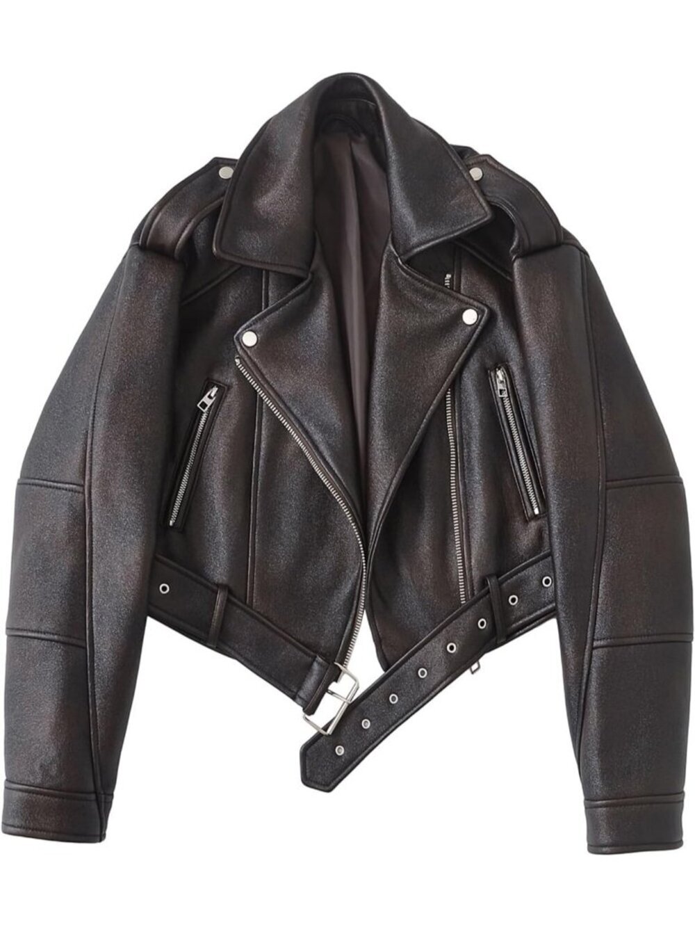 Women's Brown Faux Leather Cropped Jacket Lapel Zipper Biker Short With Belt